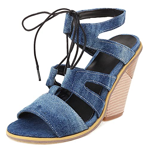 Diuniarza Keilabsatz Offene Zeh Gladiator Slingback Damensandalen Western Style Ösen Schnüren Strappy Sommer Blau Gr 35 EU von Diuniarza