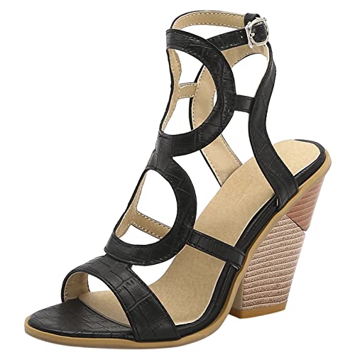 Diuniarza Keilabsatz Offene Zeh Gladiator Slingback Damensandalen Western Style Ösen Schnüren Strappy Sommer Schwarz Gr 35 EU von Diuniarza