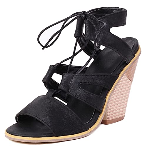 Diuniarza Keilabsatz Offene Zeh Gladiator Slingback Damensandalen Western Style Ösen Schnüren Strappy Sommer Schwarz Gr 39 EU/40 Asiatisch von Diuniarza