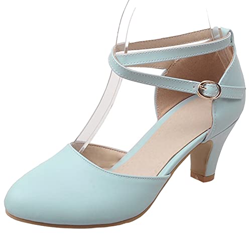 Diuniarza Kitten Heel Runde Zehen Damensandalen Knöchelriemchen Pumps Pump Strappy Geschlossen Elegant Sommer Kleid Blau Gr 35 EU von Diuniarza