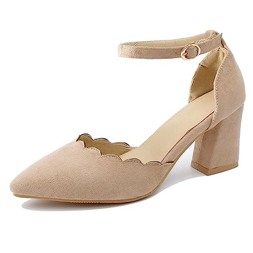 Diuniarza Mary Jane Mitte Blockabsatz Pointed Toe Damensandalen Wildleder Pump Knöchelriemchen Sommer Arbeit Schuhe Beige Gr 44 EU/46 Asiatisch von Diuniarza