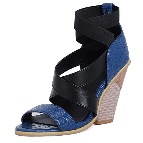 Diuniarza Offene Zeh Keilabsatz Strappy Mode Damensandalen Gladiator Knöchelriemchen Elastisch Runde Zehen Western Style Blau Gr 36 EU von Diuniarza