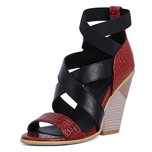 Diuniarza Offene Zeh Keilabsatz Strappy Mode Damensandalen Gladiator Knöchelriemchen Elastisch Runde Zehen Western Style Rot Gr 36.5 EU/37 Asiatisch von Diuniarza