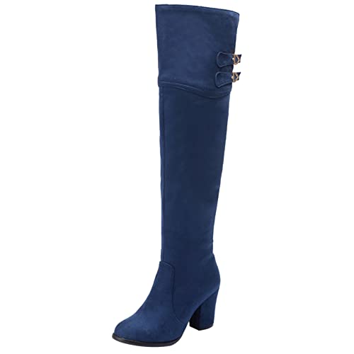 Diuniarza Overknee-Stiefel mit Blockabsatz Für Damen, Anzugstiefel Klassische Zip Overknees Stiefel Höhe Ferse Runde Zehen, 10760Owf Blau Gr 39 EU von Diuniarza