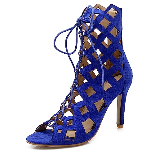 Diuniarza Peep Toe Stiletto Gladiator Damensandalen Boots Ösen Retro Schnüren Reißverschluss Strappy Stylish Wildleder Blau Gr 33 EU von Diuniarza