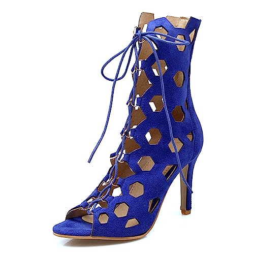 Diuniarza Peep Toe Stiletto Gladiator Damensandalen Boots Ösen Retro Schnüren Reißverschluss Strappy Stylish Wildleder Blau Gr 40.5 EU/42 Asiatisch von Diuniarza