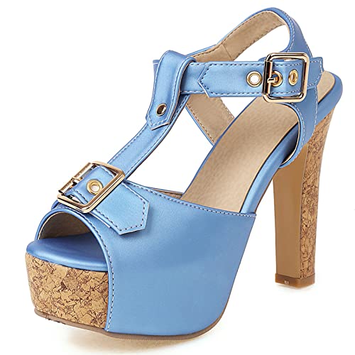 Diuniarza Plateau Höhe Ferse Peep Toe Damensandalen T-Spange Offene Zeh Schnalle Party Hochzeit Elegant Stylish Blau Gr 39 EU/40 Asiatisch von Diuniarza