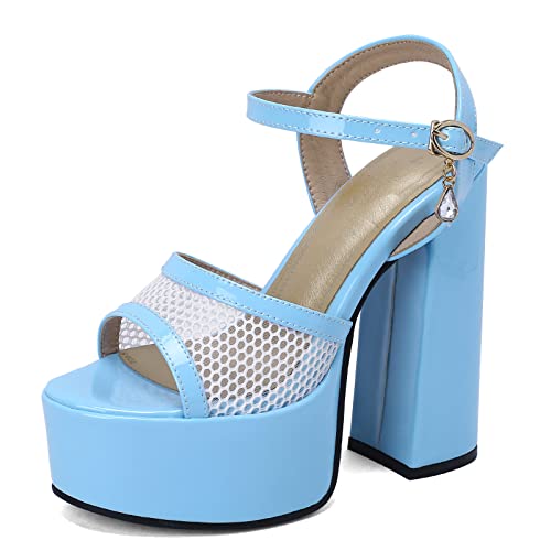 Diuniarza Plateau Höhe Ferse Peep Toe Knöchelriemchen Damensandalen Chunky Heel Bogen Slingback Lack Sommer Abendschuhe Blau Gr 35 EU von Diuniarza