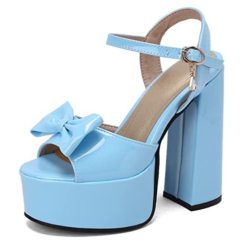 Diuniarza Plateau Höhe Ferse Peep Toe Knöchelriemchen Damensandalen Chunky Heel Bogen Slingback Lack Sommer Abendschuhe Blau Gr 36 EU von Diuniarza