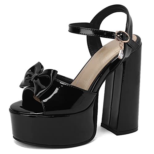 Diuniarza Plateau Höhe Ferse Peep Toe Knöchelriemchen Damensandalen Chunky Heel Bogen Slingback Lack Sommer Abendschuhe Schwarz Gr 35 EU von Diuniarza