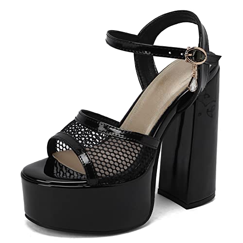 Diuniarza Plateau Höhe Ferse Peep Toe Knöchelriemchen Damensandalen Chunky Heel Bogen Slingback Lack Sommer Abendschuhe Schwarz Gr 41 EU/43 Asiatisch von Diuniarza