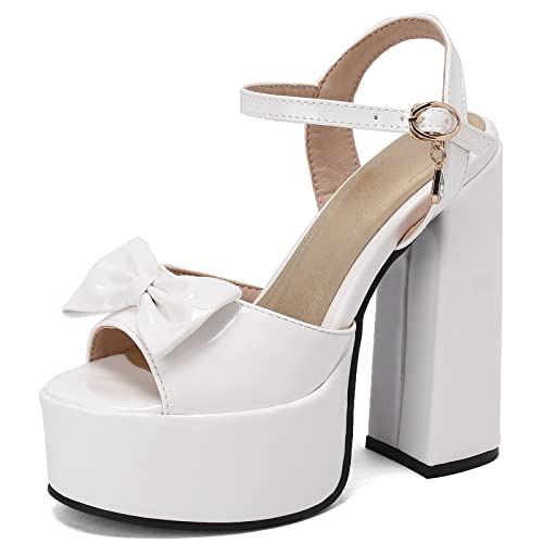 Diuniarza Plateau Höhe Ferse Peep Toe Knöchelriemchen Damensandalen Chunky Heel Bogen Slingback Lack Sommer Abendschuhe Weiß Gr 36.5 EU/37 Asiatisch von Diuniarza