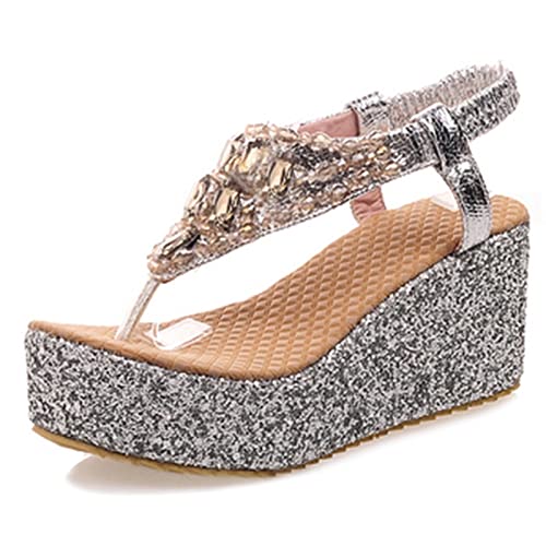 Diuniarza Plateau Keilabsatz Clips Toe Strand Damensandalen Knöchelriemchen Sommer Abendschuhe Glitzer Höhe Ferse Stylish Silber Gr 34 EU von Diuniarza