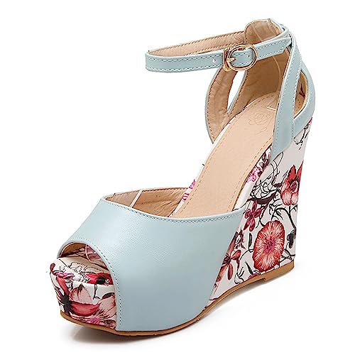 Diuniarza Plateau Keilabsatz Peep Toe Print Damensandalen Offene Zeh Knöchelriemchen Blume Stylish Sommer Abendschuhe Blau Gr 34 EU von Diuniarza