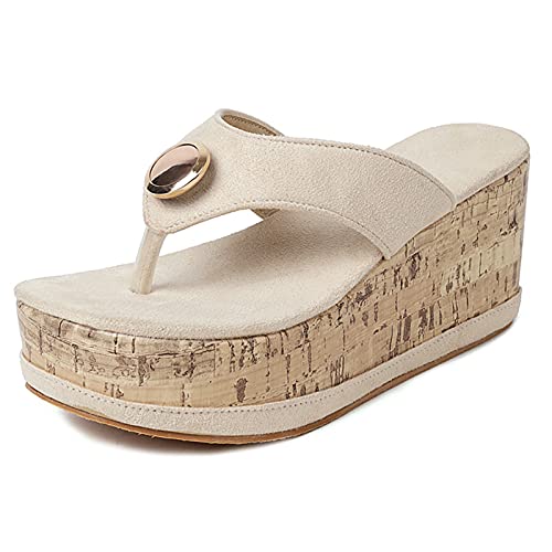 Diuniarza Plateau Mules Pantoffeln Damen High Keilabsatzs Sandals Flip Flops Out Door Strand Sommer Ohne Verschluss Beige Gr 40 EU/41 Asiatisch von Diuniarza