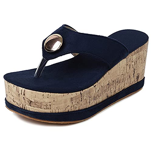 Diuniarza Plateau Mules Pantoffeln Damen High Keilabsatzs Sandals Flip Flops Out Door Strand Sommer Ohne Verschluss Blau Gr 34 EU von Diuniarza