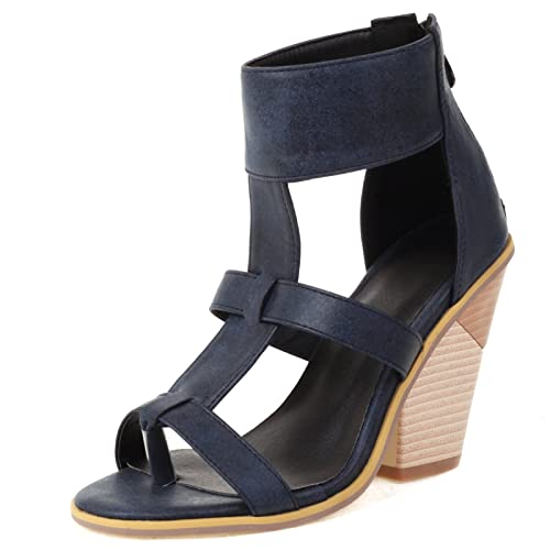 Diuniarza Reißverschluss Keilabsatz Offene Zeh Ösen Damensandalen Strappy Western Style Mode Höhe Ferse Sommer Runde Zehen Dark-Blau Gr 35 EU von Diuniarza