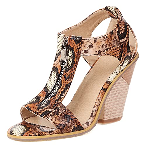 Diuniarza Reißverschluss Keilabsatz Offene Zeh Ösen Damensandalen Strappy Western Style Mode Höhe Ferse Sommer Runde Zehen Leopard Gr 44 EU/46 Asiatisch von Diuniarza