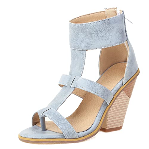 Diuniarza Reißverschluss Keilabsatz Offene Zeh Ösen Damensandalen Strappy Western Style Mode Höhe Ferse Sommer Runde Zehen Light-Blau Gr 36 EU von Diuniarza