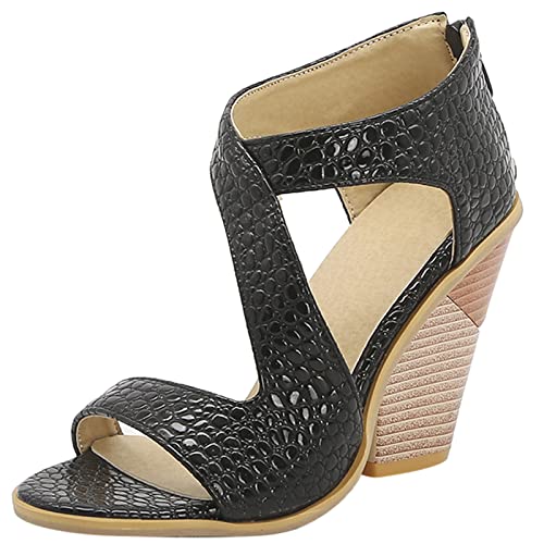 Diuniarza Reißverschluss Keilabsatz Offene Zeh Ösen Damensandalen Strappy Western Style Mode Höhe Ferse Sommer Runde Zehen Schwarz Gr 40.5 EU/42 Asiatisch von Diuniarza