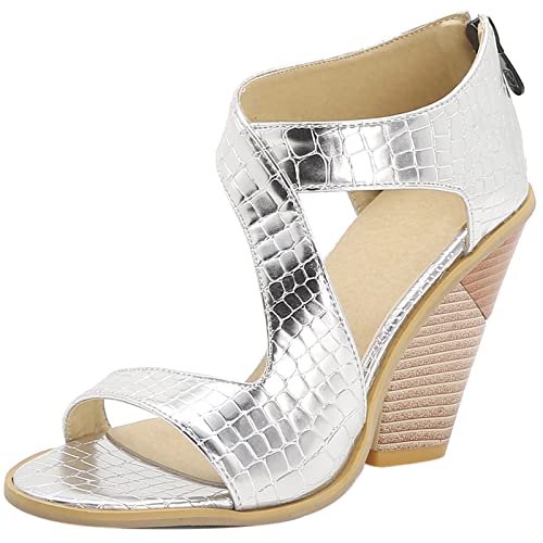 Diuniarza Reißverschluss Keilabsatz Offene Zeh Ösen Damensandalen Strappy Western Style Mode Höhe Ferse Sommer Runde Zehen Silber Gr 44 EU/46 Asiatisch von Diuniarza