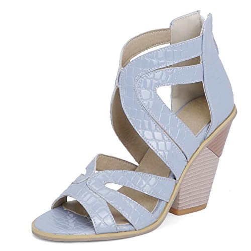 Diuniarza Reißverschluss Keilabsatz Offene Zeh Ösen Damensandalen Strappy Western Style Mode Höhe Ferse Sommer Runde Zehen Sky-Blau Gr 39 EU/40 Asiatisch von Diuniarza