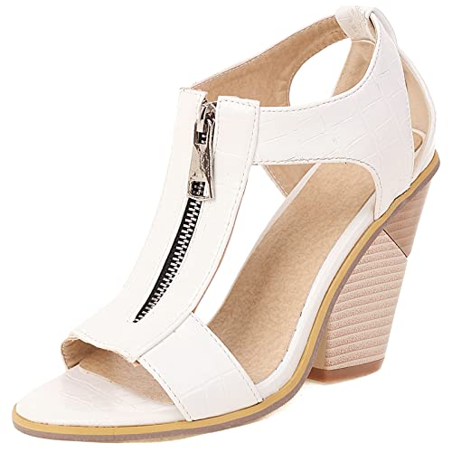 Diuniarza Reißverschluss Keilabsatz Offene Zeh Ösen Damensandalen Strappy Western Style Mode Höhe Ferse Sommer Runde Zehen Weiß Gr 37 EU/38 Asiatisch von Diuniarza