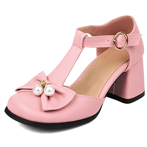 Diuniarza Weit Fit Mary Jane Blockabsatz Square Toe Damensandalen Hochzeit Knöchelriemchen Sommer Abendschuhe Bogen Pink Gr 32 EU von Diuniarza