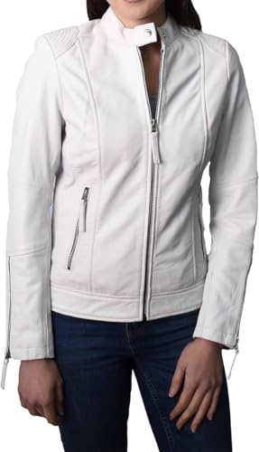 Victoire Damen-Bikerjacke, enganliegend, echtes Leder, mit Reißverschluss, Weiß, weiß, 42 Victoire Damen-Bikerjacke, enganliegend, echtes Leder, mit Reißverschluss, Weiß, weiß, 42 von Divergent Retail