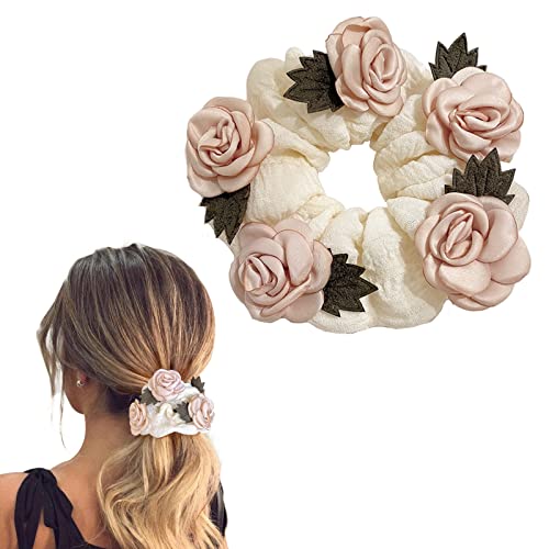 Blumen-Haargummis für Damen, weißes Haargummi mit rosa Rosen-Dekoration, hochwertiger Stoff, 1-teiliges Set von Diyfixlcd