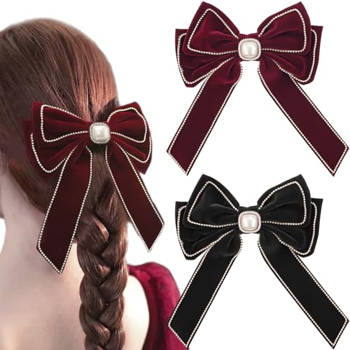 Haarspangen mit Schleife aus Samt, Perlen, Strass, französische Schleife, Haarstyling-Zubehör für Damen, Mädchen, Halloween, Weihnachten, Party, 2 Stück von Diyfixlcd