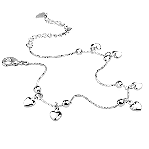 Fußkettchen, Fußkettchen, 925er-Sterlingsilber, Herz-Knöchel-Anhänger, Perlen-Fußschmuck, Sommer-Strand-zu-Fuß-Knöchel-Armbänder for Frauen, Beinkette for Frauen ( Color : Bracelet 19cm , Size : A ) von Djonerc