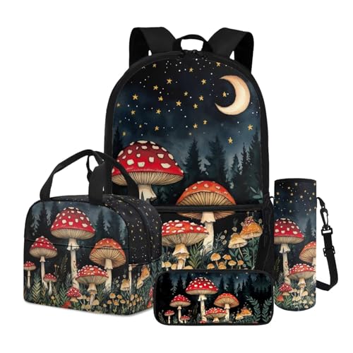 Dngkaoje Kinder-Rucksack-Set, 4-teilig, Büchertasche mit isolierter Lunchtasche, Federmäppchen, Wasserflaschenhülle, Mushroom Moonlight Dngkaoje Kinder-Rucksack-Set, 4-teilig, Büchertasche mit isolierter Lunchtasche, Federmäppchen, Wasserflaschenhülle, Mushroom Moonlight von Dngkaoje
