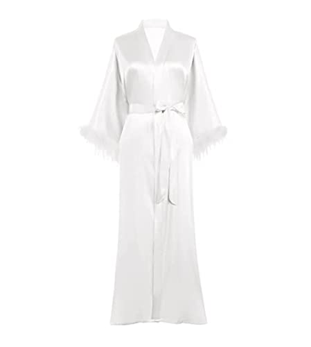 Dninmim Damen Langarm Gürtel Satin Kimono Robe Weiß Feder Trim Glatt Pyjama, weiß, 36 von Dninmim