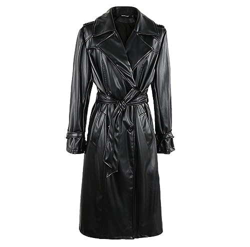 Dninmim Damen-Trenchcoat Aus Pu-Leder, Einfarbig, Zweireihig, Windjacke Mit Schärpen Black M von Dninmim