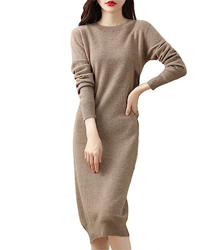 Dninmim Einfarbiges Damen-Strickkleid Mit Rundhalsausschnitt, Schmales, Langes Overknee-Wollkleid Für Damen khaki9 XXL von Dninmim