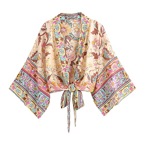 Dninmim Kurzes Wickel-Kimono-Oberteil für Damen, Bohemian-Viskose, Baumwolle, leger, Streetwear, Cover Ups, elfenbeinfarben, M von Dninmim