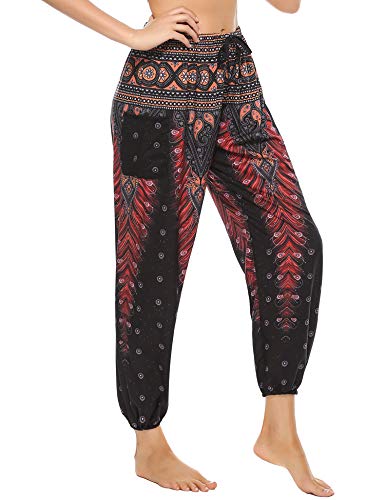 Doaraha Damen Hippie Hose Haremshose Boho Gemustert, Pumphose mit Taschen,Lose Freizeithose Yogahose Bunt Indischer Stil, Yoga Pilates Hosen (Pfau Schwarz, M) von Doaraha