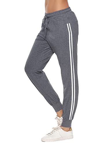 Doaraha Jogginghose Damen Lang Baumwolle Trainingshose High Waist Freizeithose Streifen Sweathose mit Taschen, Elastischen Kordelzug Sweatpants Frauen (Mit Bünchen-Dunkegrau, L) von Doaraha