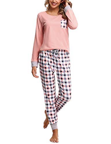 Doaraha Schlafanzug Damen Lang Pyjama Set aus Baumwolle Zweiteiliger Nachtwäsche Langarm Rundhals Sleepshirt und Karierte Pyjamahose Damen Schlafanzüg für Herbst Winter von Doaraha