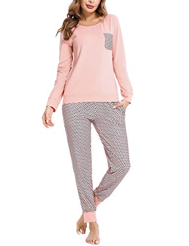 Doaraha Schlafanzug Damen Lang Pyjama Set aus Baumwolle Zweiteiliger Nachtwäsche Langarm Rundhals Sleepshirt und Karierte Pyjamahose Damen Schlafanzüg für Herbst Winter von Doaraha