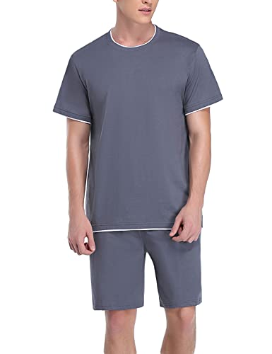 Doaraha Schlafanzug Herren Kurz Set Pyjama 100% Baumwolle Zweiteilige Nachtwäsche Einfarbig Sommer Sleepwear Hausanzug für Männer (4-Einfarbig-Dunkelgrau, L) von Doaraha