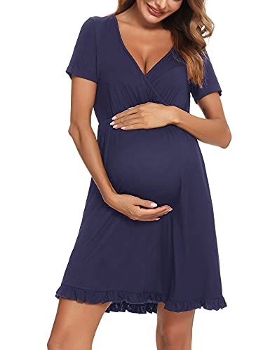 Doaraha Stillnachthemd Damen Geburt Still Nachthemd Kurzarm Umstandsnachthemd Schwangerschaft (Dunkelblau, XL) von Doaraha