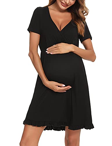 Doaraha Stillnachthemd Damen Geburt Still Nachthemd Kurzarm Umstandsnachthemd Schwangerschaft (Schwarz, XL) von Doaraha