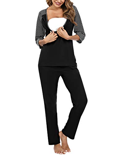 Doaraha Stillpyjama Umstandsschlafanzug Umstandspyjama, Zweiteiliger Schlafanzug Damen Still Pyjama Set Nachtwäsche für Schwangere Mutterschaft (Schwarz, M) von Doaraha