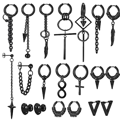 Dochais 20 Stück Herren Punk Hängend Ohrringe Set, Vintage Gothic Ohrstecker Kette Schwarz Knorpel Helix Ohrstecker Ohrschmuck Piercing Ohr Spikes Rock Ohrringe für Club Halloween Party Männer Frauen von Dochais