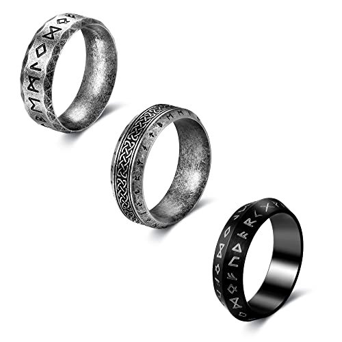 Dochais 3 Stück Wikinger Ringe Herren Edelstahl, Herren Ringe Nordische Mythologie, Keltischer Knoten Ring Herren, Viking Runen Ring, Vintage Ring Herren, Bandring Herren für Männer Frauen Größe 11 von Dochais