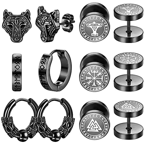 Dochais 6 Paar Set Damen Ohrringe Männer Ohrstecker,Ohrringe Wikinger Viking Rune Wolfskopf Kompass,10-12mm Edelstahl Ohrringe Tunnel Plug Ohrringe Creolen Ohrstecker für Damen Herren (Schwarz) von Dochais