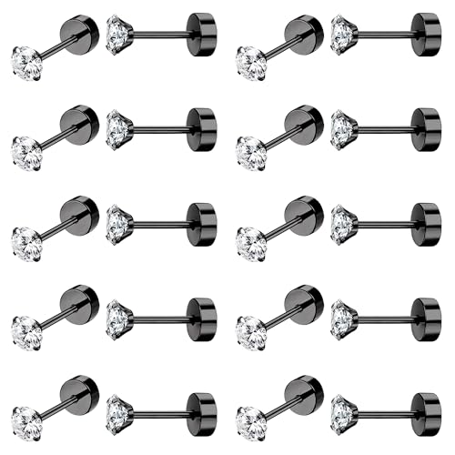 Dochais Edelstahl Ohrringe für Herren Damen 10 Paar 20G Gold/Schwarz Ohrstecker 2mm/3mm/4mm Zirkonia Knorpel Ohrringe Hypoallergen Flatback Ohrringe Piercing von Dochais