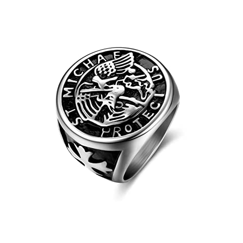 Dochais Edelstahl Siegelring Fingerring für Herren Damen, Heiliger Michael Christophorus Fingerring Saint Benedikt Ring (11, Schwarz) von Dochais